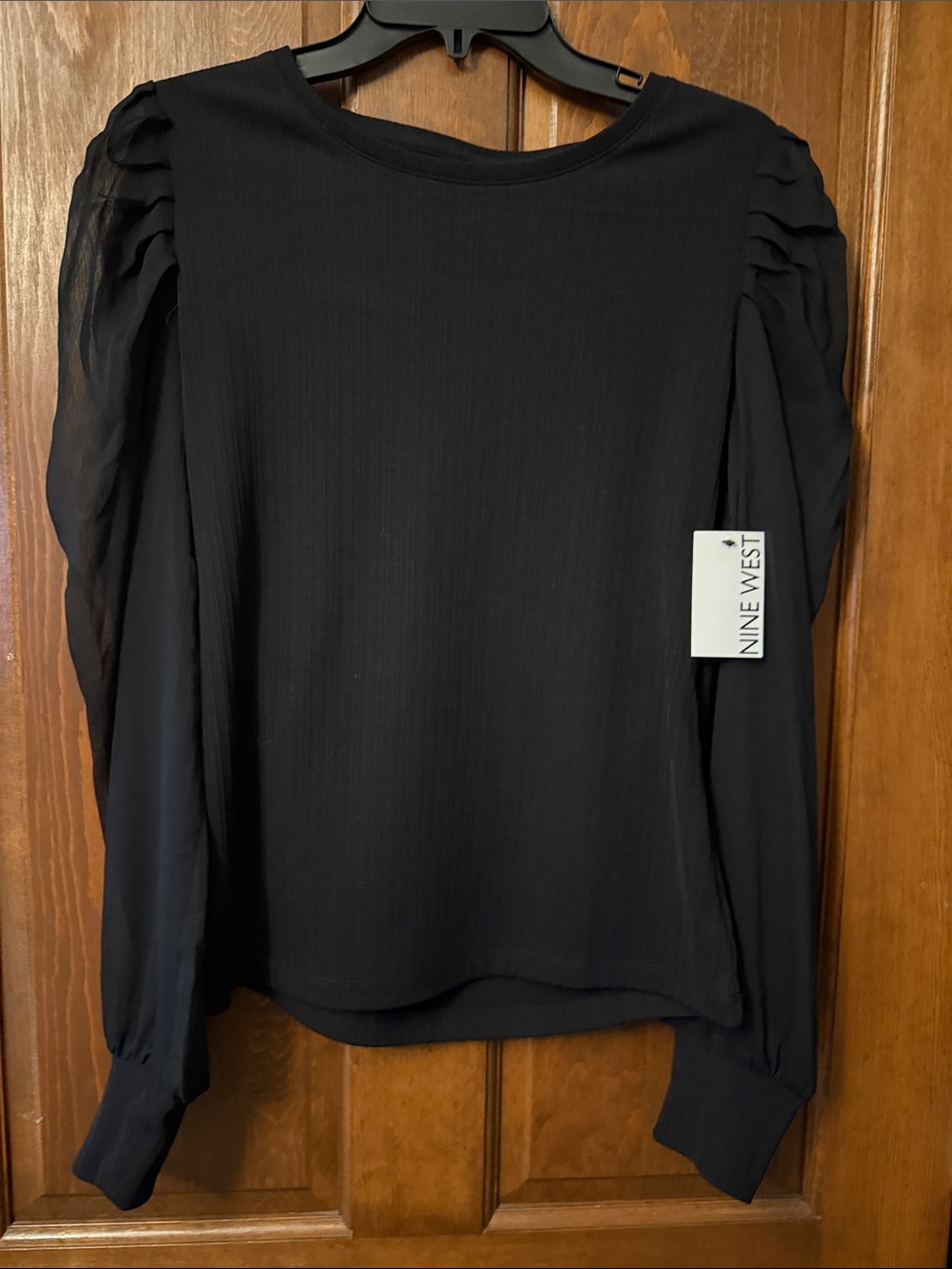 Nine West Black Long-Sleeve Puff-Detail Top